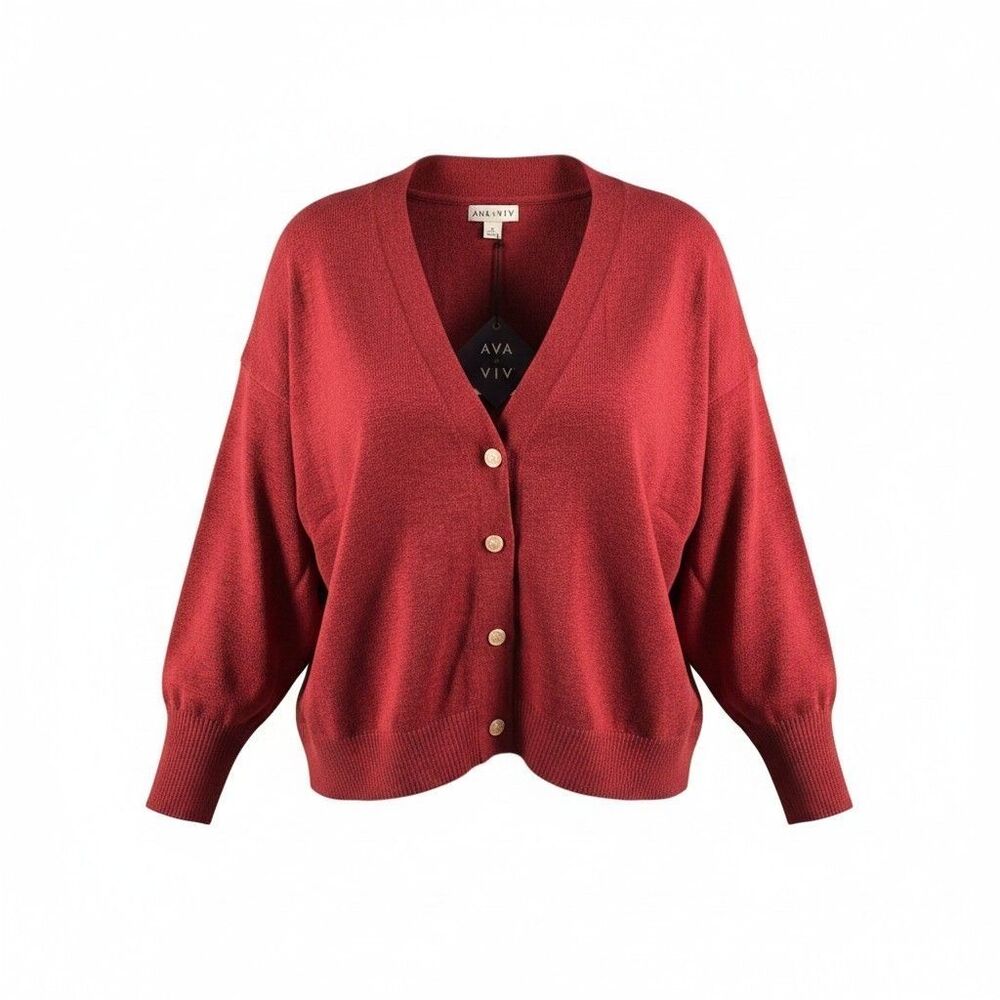 Ava & Viv Women's Plus 2X Gold Button Front Cardigan Sweater Burgundy NWT